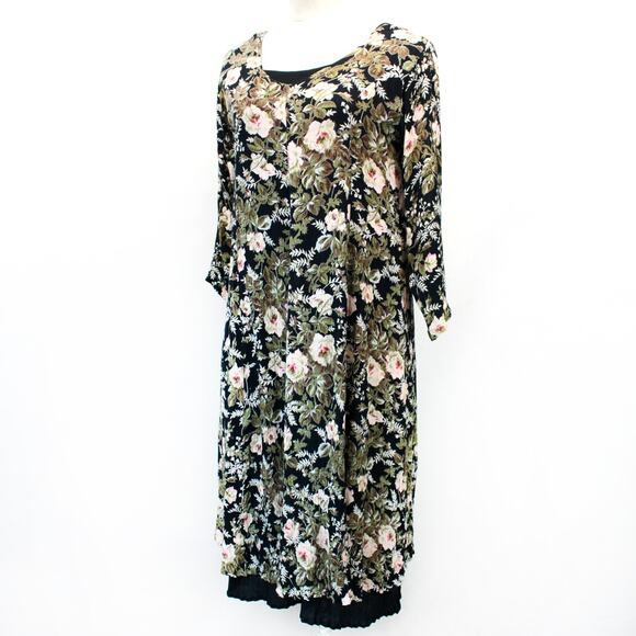 Her Style Vintage 80's Reversible Black Floral Rayon Modest Midi Dress Medium - Picture 1 of 12